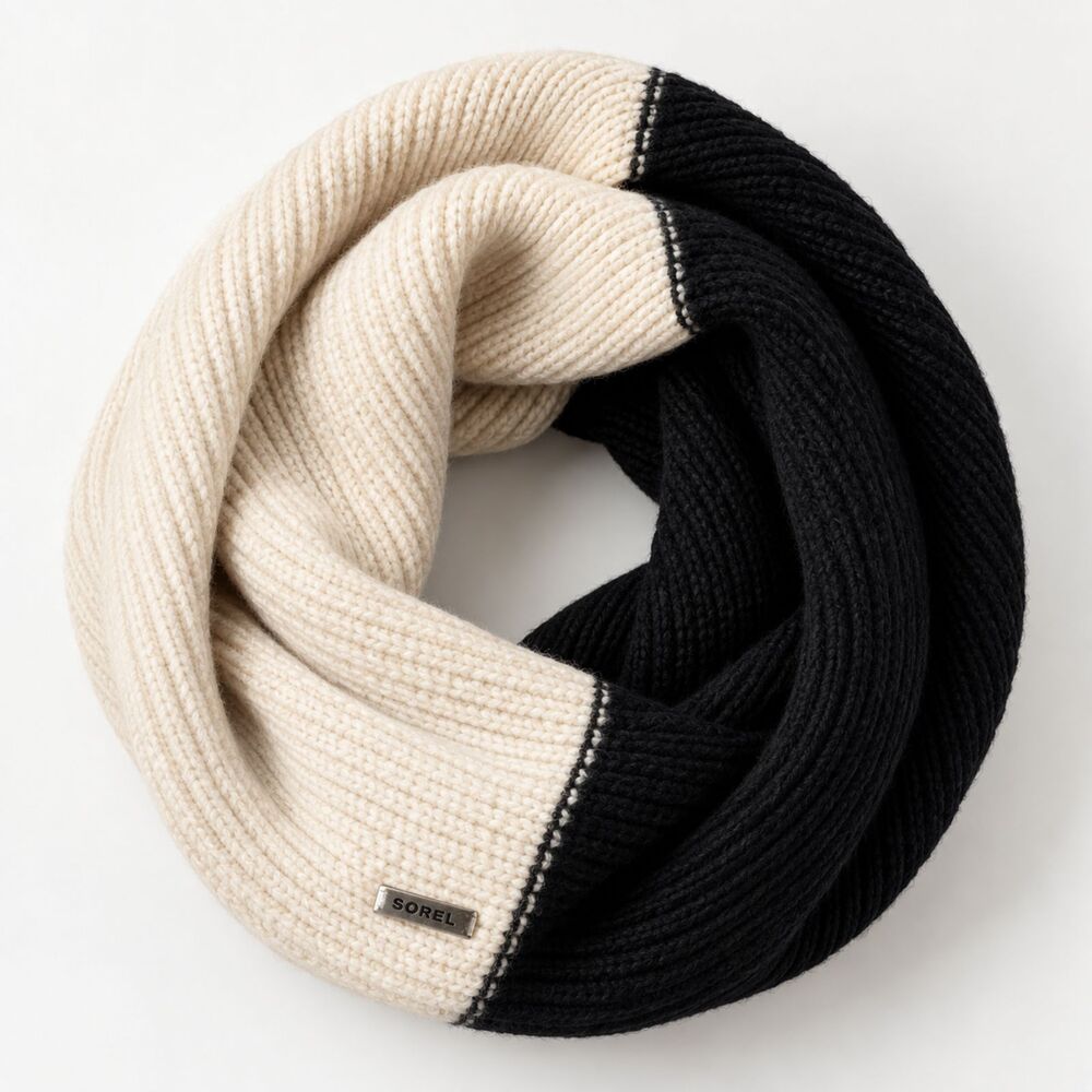 SOREL Women's Infinity Scarf Black Cream Colorblock Wool Blend Chunky Knit